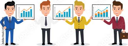 Businessman cartoon character presenting growth charts with laptop, tablet, and briefcase, showing data analysis, marketing strategy
