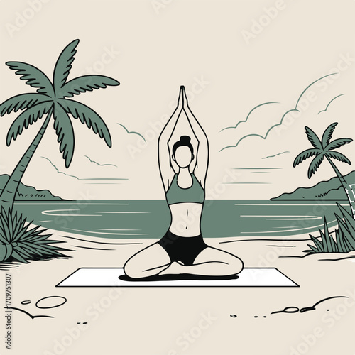 Woman practicing yoga on beach with palm trees and ocean view