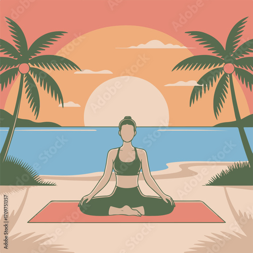 Woman Meditating on Beach at Sunset with Palm Trees