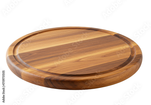 Round acacia wood cutting board serving platter, warm brown grain, rustic texture, clean, isolated on transparent with copy space, soft light, Concept for kitchenware products