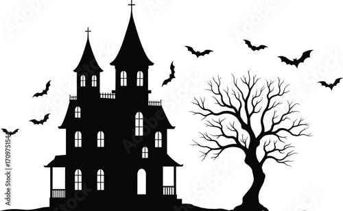 Silhouette of haunted house with creepy tree and flying bats, perfect Halloween night scene vector illustration for spooky horror designs.
