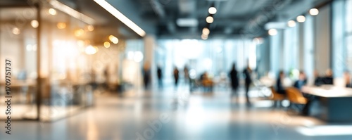 Abstract blurred interior modern office space with business people working banner background with copy space. High quality