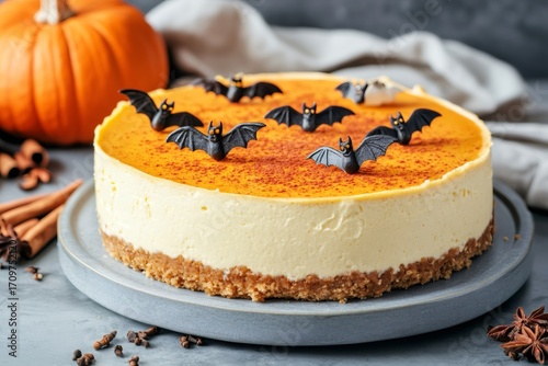 Delicious pumpkin cheesecake decorated with bats for halloween party
