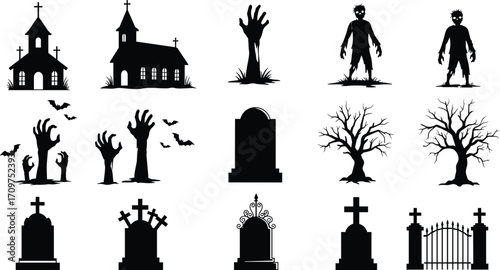 Spooky Halloween graveyard illustration silhouette set with haunted church, zombies, tombstones, bats, creepy trees, cemetery gate and scary atmosphere design