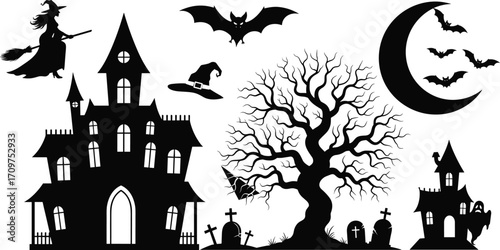 Spooky Halloween haunted house scene with witch, flying broomstick, creepy tree, ghost, bats, moon, tombstones, and witch hat vector