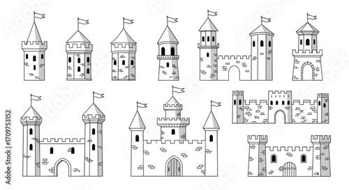 Collection of medieval castle towers and fortifications featuring battlements and flags.
