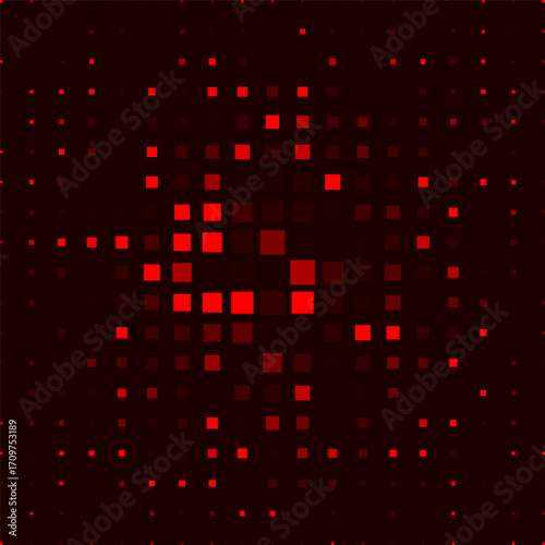 A color vector illustration based on the rhythm of squares. The red squares, arranged in a chaotic pattern, create the impression of a shimmering ornament.