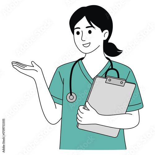 Friendly nurse or doctor in scrubs holding a clipboard and gesturing with open hand