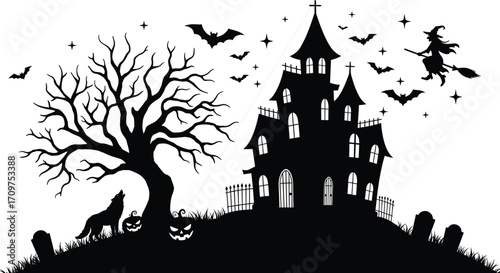 Spooky Halloween haunted house with flying witch, bats, scary tree, pumpkins, and graveyard in silhouette vector illustration for horror themes.