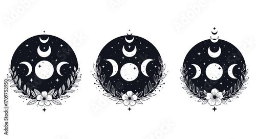 Celestial phases of the moon and stars representing transformation and cosmic cycles.