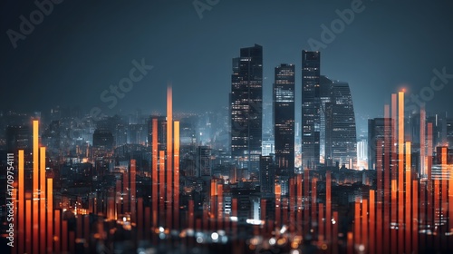 Night city financial growth, business trading data analysis, urban technology skyline, global investment chart.