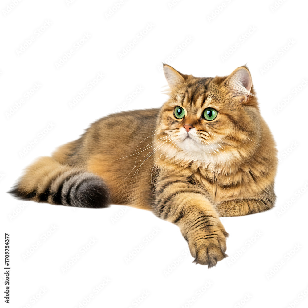 Fototapeta premium Golden british shorthair cat lying down with green eyes isolated on white isolated on transparent background