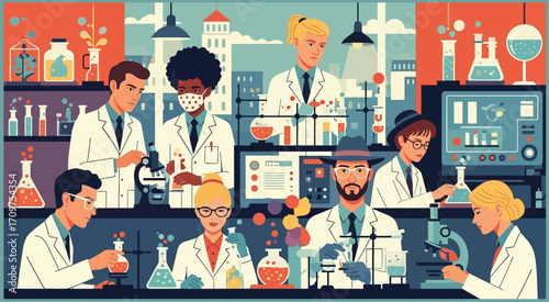 A team of diverse scientists work in a laboratory, conducting experiments and research.vector illustration
