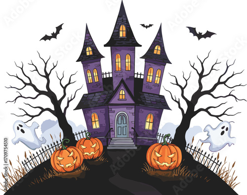 Spooky Halloween haunted purple castle with glowing windows, creepy ghosts, carved pumpkins, flying bats, leafless trees, and eerie atmosphere vector.