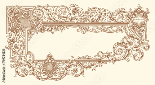 Vintage Baroque Victorian frame border, frame flower pattern vector floral engraved scroll ornament leaf retro decorative design. filigree calligraphic heraldic shield swirl