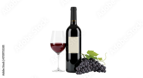 Canvas Print Isolated bottle of red wine with grapes and a glass of wine, a classic drink sti
