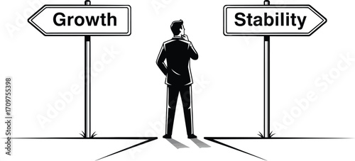 A businessman stands between signs for growth and stability in a black and white illustration style