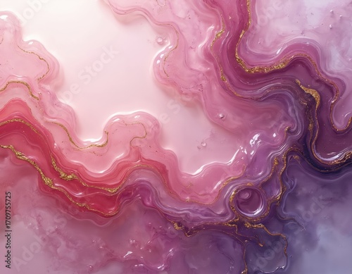 Abstract rose, lavender liquid marble texture with flowing waves, golden accents. Fluid ink art in pink, purple hues, resembling watercolor, geode formations. Elegant, glossy background design for