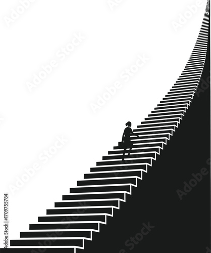 A woman climbs a long staircase that extends into the clouds in a black and white illustration style