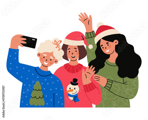 Happy Christmas Women Friends in Santa Hat and in Xmas Sweaters with Tree and Snowman together Taking Selfie. Happy New Year Characters and Festive Moments. Vector Illustration. Not AI