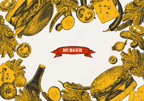 Burger Menu. Hand-drawn illustration of dishes and products. Ink. Vector	
