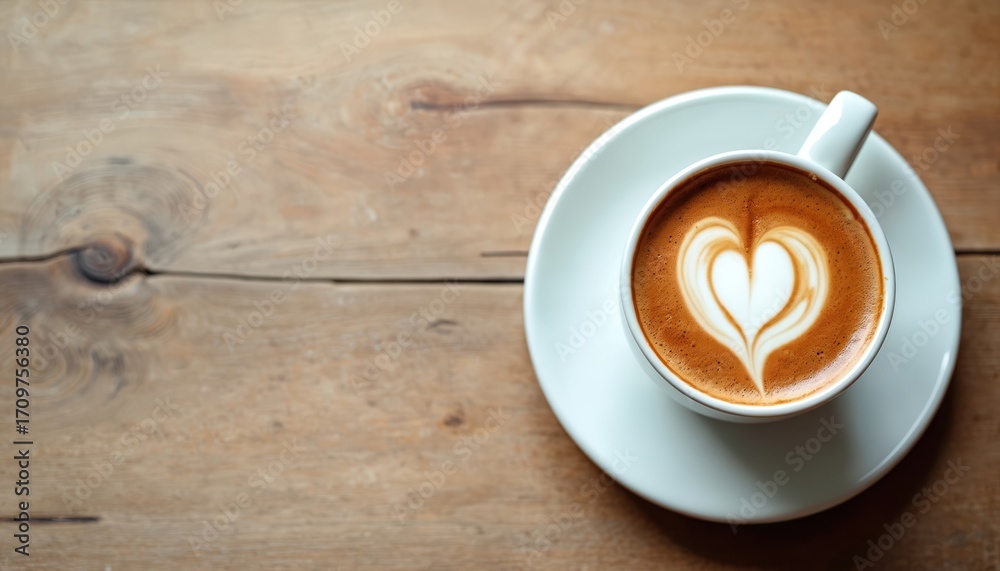 Obraz premium Warm coffee cup with heart latte art on rustic wood texture. Top view of delicious espresso brew with cream. Enjoying peaceful morning moment with cosy beverage. Daily routine for relaxation,