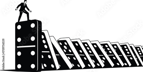 A businessman standing atop a domino piece in a line of falling dominoes in black and white illustration