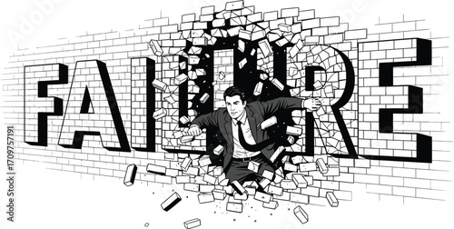 A man in a suit breaking through a brick wall with the word failure written on it in large letters