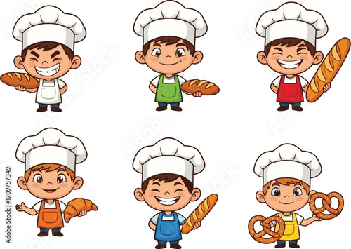 Cartoon bakers holding bread, pastry, croissant, baguette, pretzel, chef hats, colorful aprons, bakery items, cooking, smiling, fun
