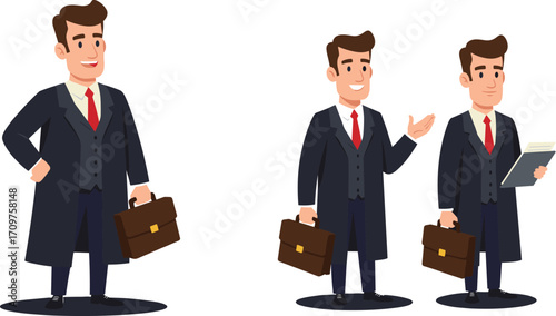 Cartoon businessman in suit with briefcase and documents, confident poses, animated character, professional attire, office scene