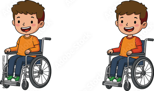 Cartoon child in wheelchair, inclusive illustration, disability awareness, smiling kid, accessibility concept, diversity, healthcare, education