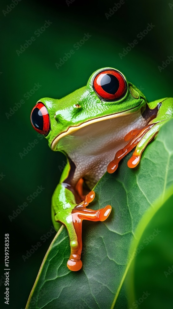 Obraz premium Red eyed tree frog perched on vibrant green leaf