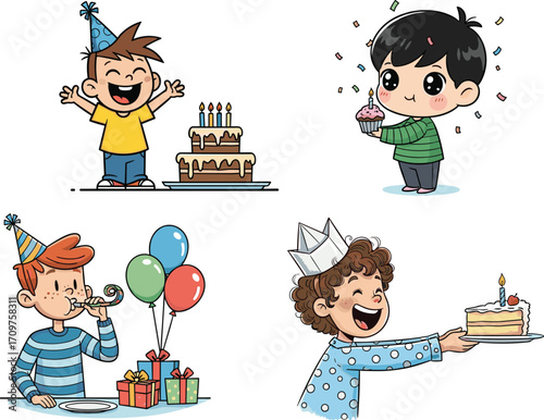 Cartoon children celebrating birthday party, festive cake, balloons, gifts, joyful kids, fun, happiness, candles, confetti, excitement