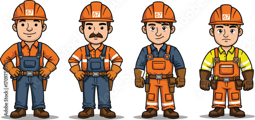 Cartoon construction workers in hard hats, diverse uniforms, standing poses, animated characters, teamwork, safety, labor, illustration