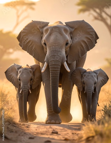 Majestic elephants in a golden savanna