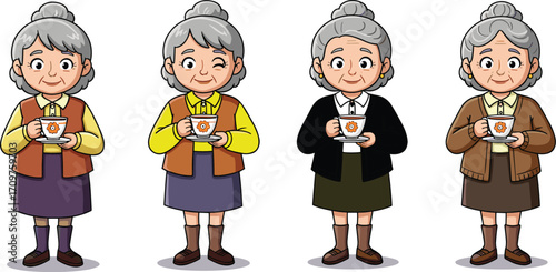 Cartoon elderly women holding teacups, smiling characters, diverse outfits, senior lifestyle, warm expressions, grandmother illustration, tea time, aging, friendly design