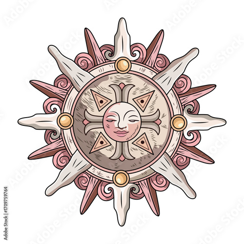 Flat style illustration depicting sun medallion