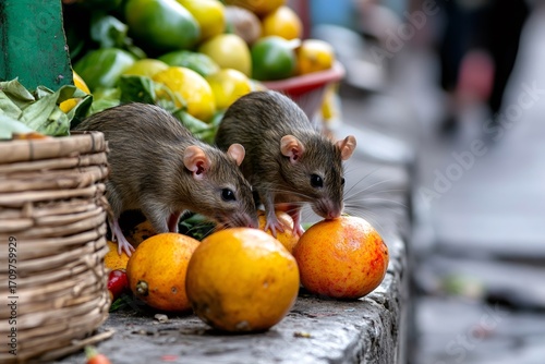 Fototapeta Naklejka Na Ścianę i Meble -  Two rats eating fruits at a street market in india