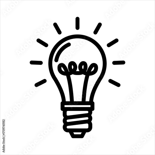 Minimalist line art icon of a glowing light bulb, symbolizing a bright idea, innovation, creativity, and inspiration on a white background