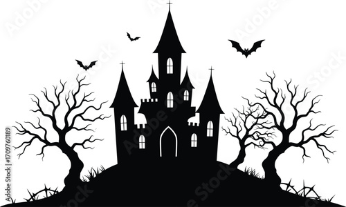 Spooky haunted castle silhouette on hill with creepy trees and flying bats, perfect Halloween vector for posters, decorations, or invitations.