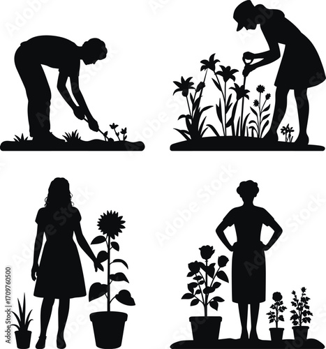 Gardening and plant care silhouettes, vector horticulture icons, outdoor work clipart set, garden design art, agriculture outline pack, nature illustration graphic collection