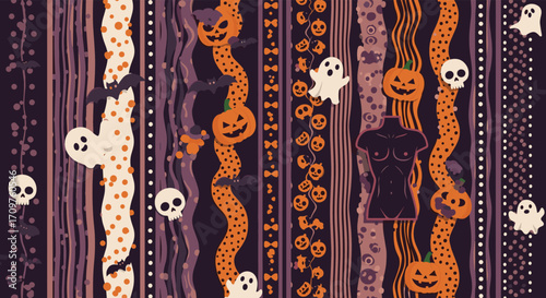 Whimsical Halloween textile pattern with playful ghosts and grinning jack-o'-lanterns.