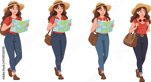 Cartoon female traveler with map, camera, handbag, casual outfit, animated poses, adventure, tourism, exploration, travel gear