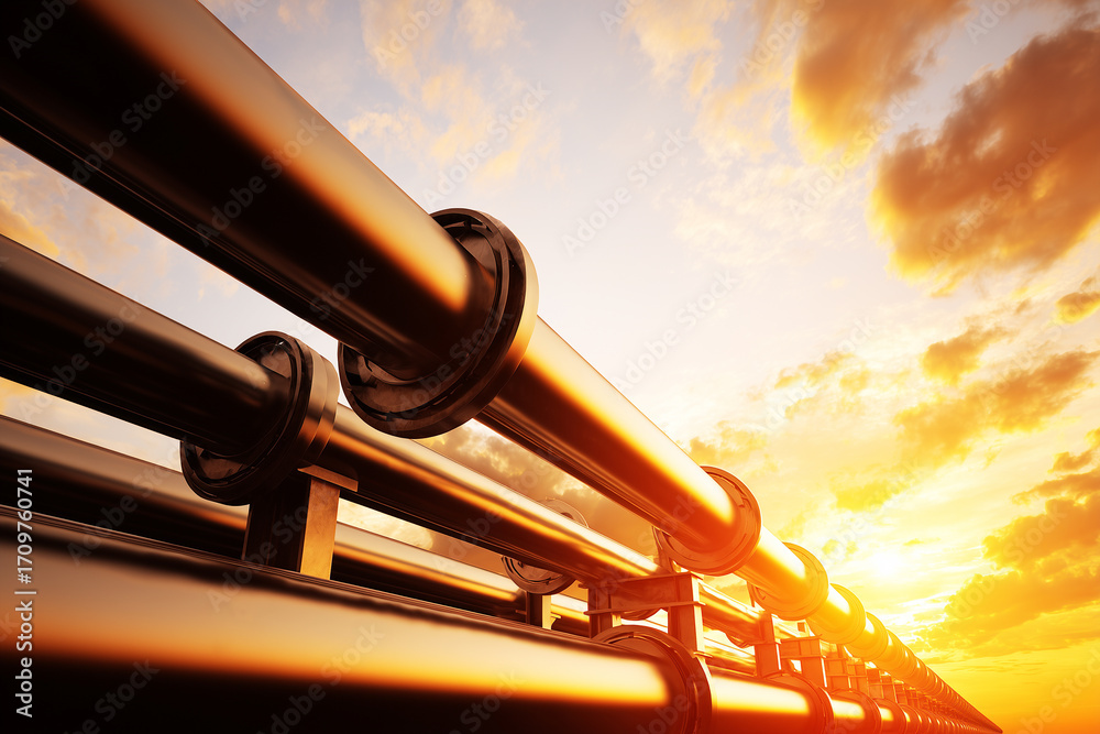 Naklejka premium A pipeline stretching toward a sunset sky
