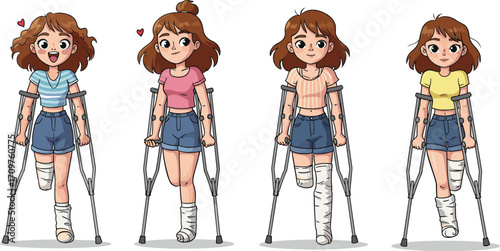 Cartoon girl with broken leg, crutches, cast, emotional recovery stages, cheerful attitude, injury healing, medical illustration