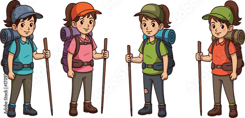 Cartoon hikers with backpacks, walking sticks, outdoor adventure, nature, trekking, camping gear, teamwork, travel, exploration, fun, diversity