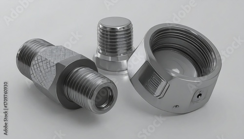 Close-up of three metal parts, likely plumbing or hydraulic components, showing threaded connections and a pressure sensor