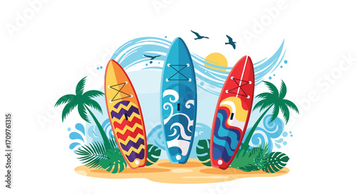 Colorful surfboards stand on a sandy beach with palm trees and ocean waves.