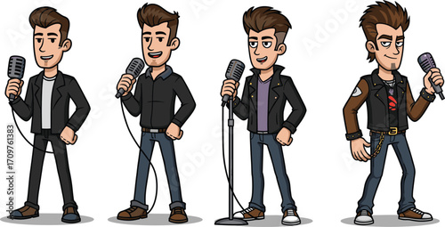 Cartoon male singer in microphone poses, evolving fashion styles, animated character, music performance, expressive stance, illustration