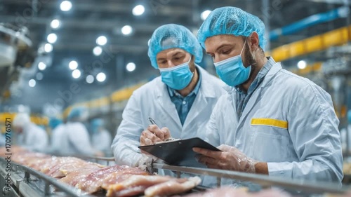 Two Food Safety Inspectors in Protective Gear Examining Fresh Poultry in a Modern Processing Facility with Equipment in Background